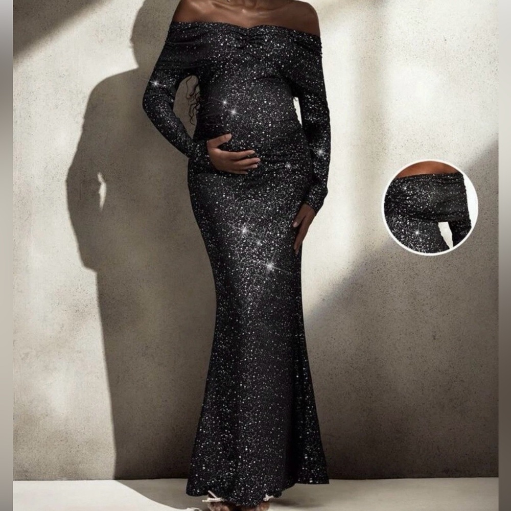 Elegant Black Glitter Off-Shoulder Maternity Dress
